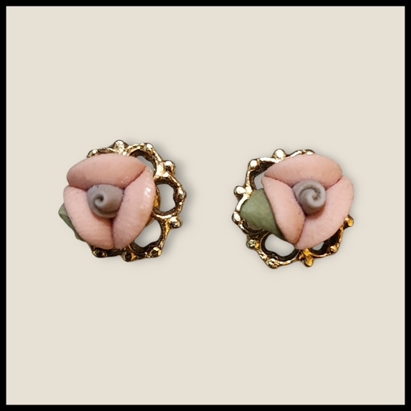 Dainty Vintage Porcelain Rose Stud Earrings - Picture 2 of 4